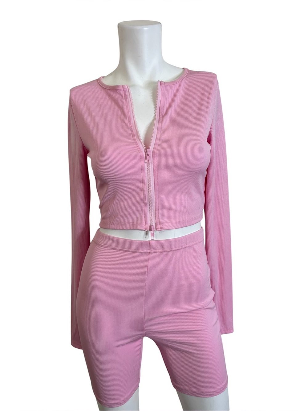 Pink Ribbed Two-Piece Zip Front Lounge Set - Picture 6 of 8
